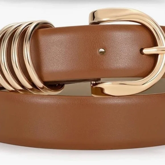 Elegant Brown and Black Leather Belt set with Gold Buckle - Picture 1 of 4